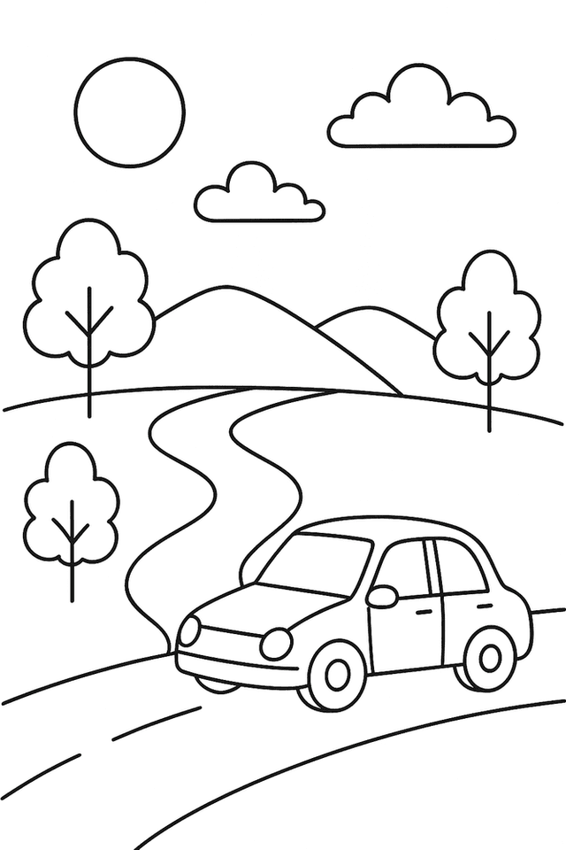 Ausmalbild: Cartoon-Auto fährt auf einer kurvigen Straße durch Landschaft