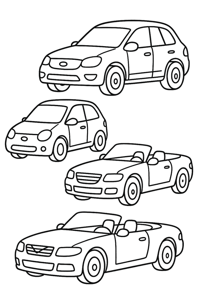 Mehrere Autos nebeneinander im Autohaus als Ausmalbild für Kinder